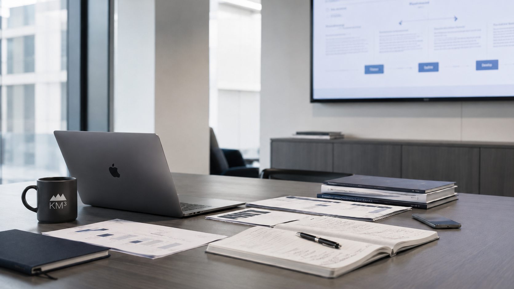 Arbeitsplatz mit Laptop, KM³-Tasse und Notizen in einem hellen Besprechungsraum