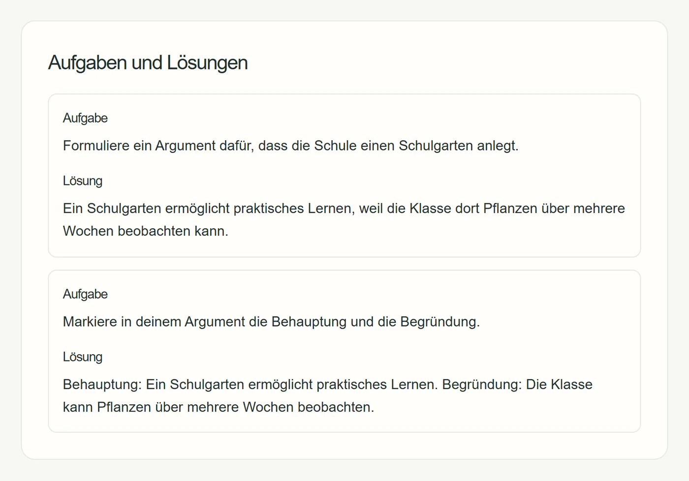 Prototyp: Bereich „Aufgaben und Lösungen“ mit zwei Aufgaben zu einer Argumentation und den zugehörigen Lösungen.