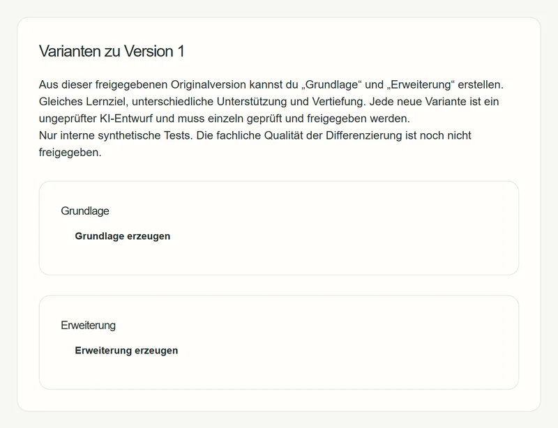 Prototyp: Bereich „Varianten zu Version 1“ mit den Optionen „Grundlage erzeugen“ und „Erweiterung erzeugen“ und dem Hinweis, dass jede Variante ein ungeprüfter KI-Entwurf ist und nur intern synthetisch getestet wird.